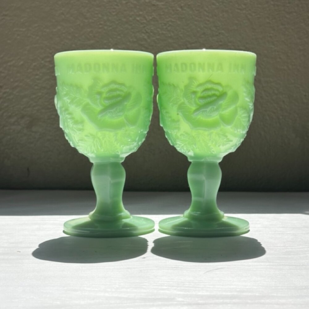 PAIR of Madonna Inn Fenton Goblets – Wright Wild Rose Pattern – Large Heavy 6.5”
